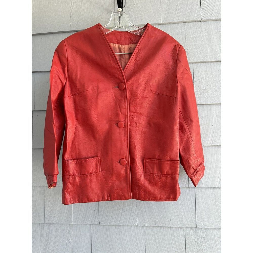 Vintage 1960s-70s Womens Red‎ Leather Front Button Blazer Jacket Sz 10